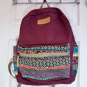 KINMAC Bohemian Marsala Red Canvas Backpack with Patterned Pockets